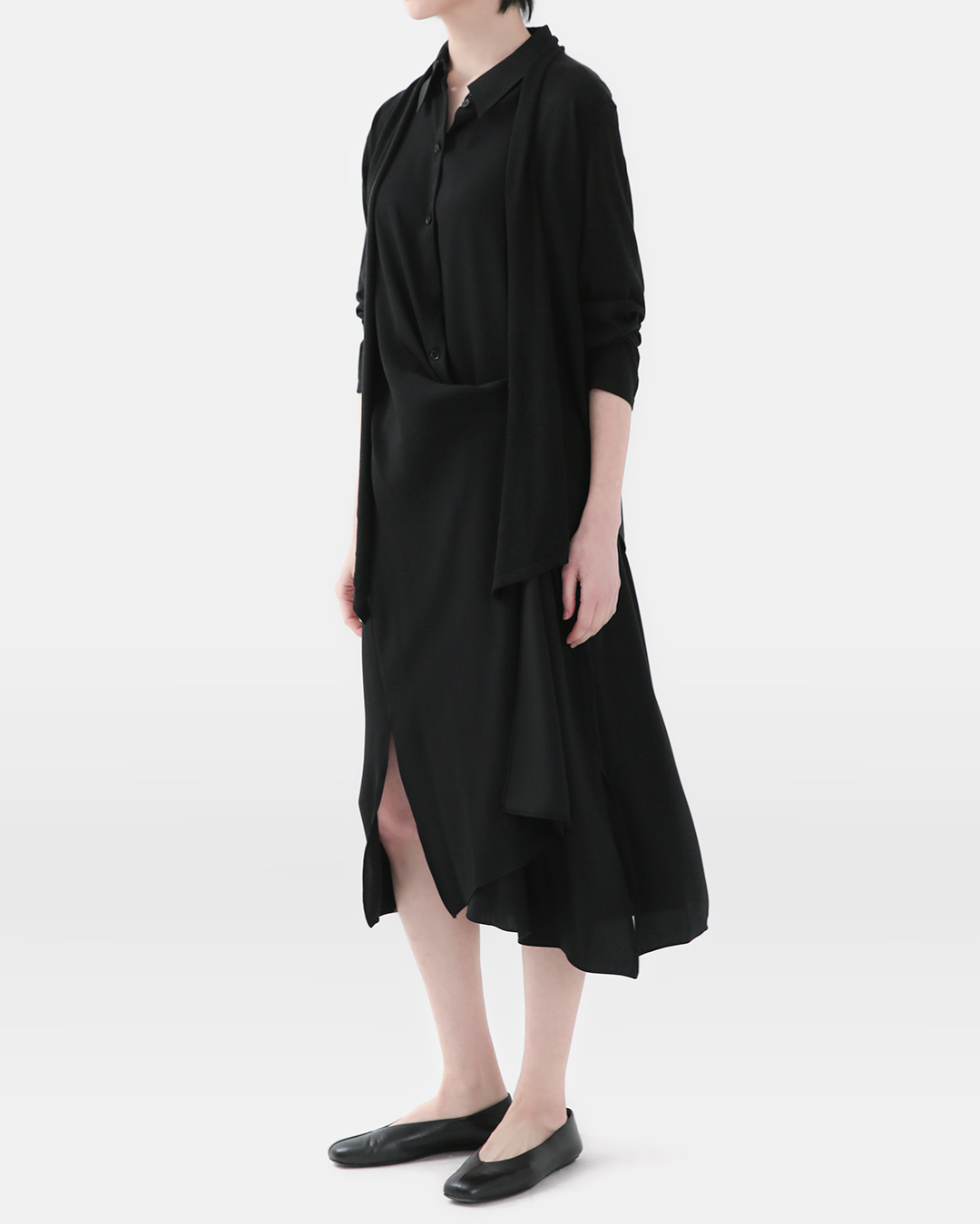 Structural elegance in comfort<br> draped wrap detail shirt dress