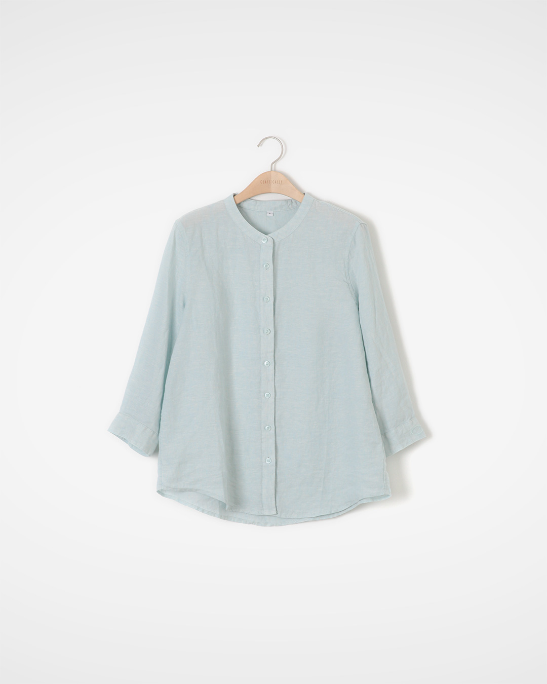Refreshing pastel mint color<br> airy linen band-collar shirt