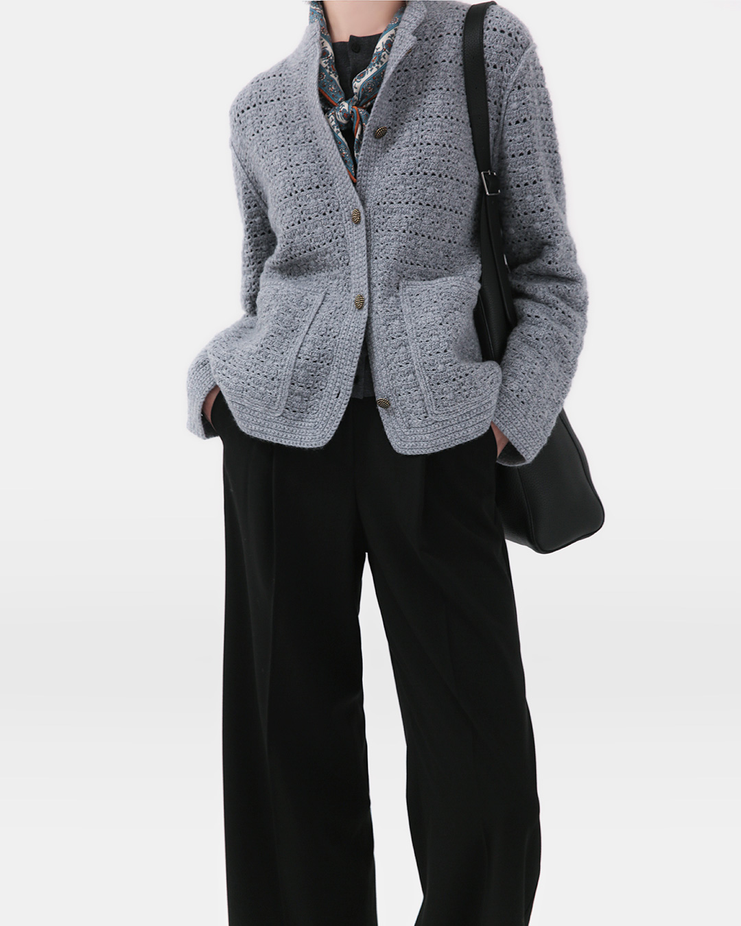 Crochet Texture, Cashmere Blend Cardigan<br> Cashmere-wool crochet-texture cardigan