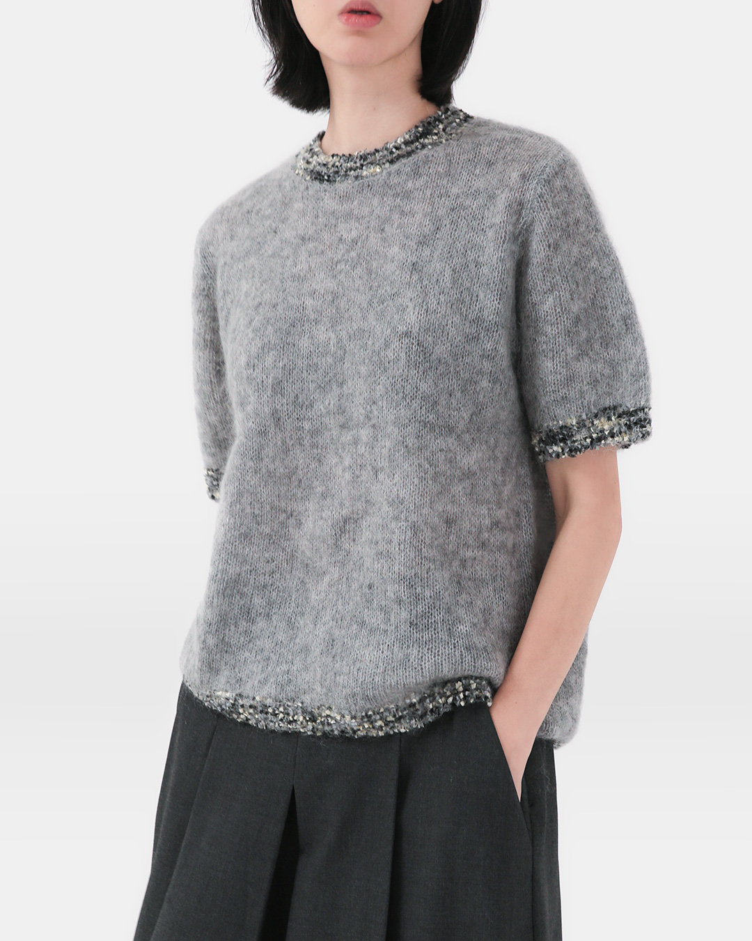 Hairy Knit Tower at Tweed Point<br> angora blend tweed-trim knit top