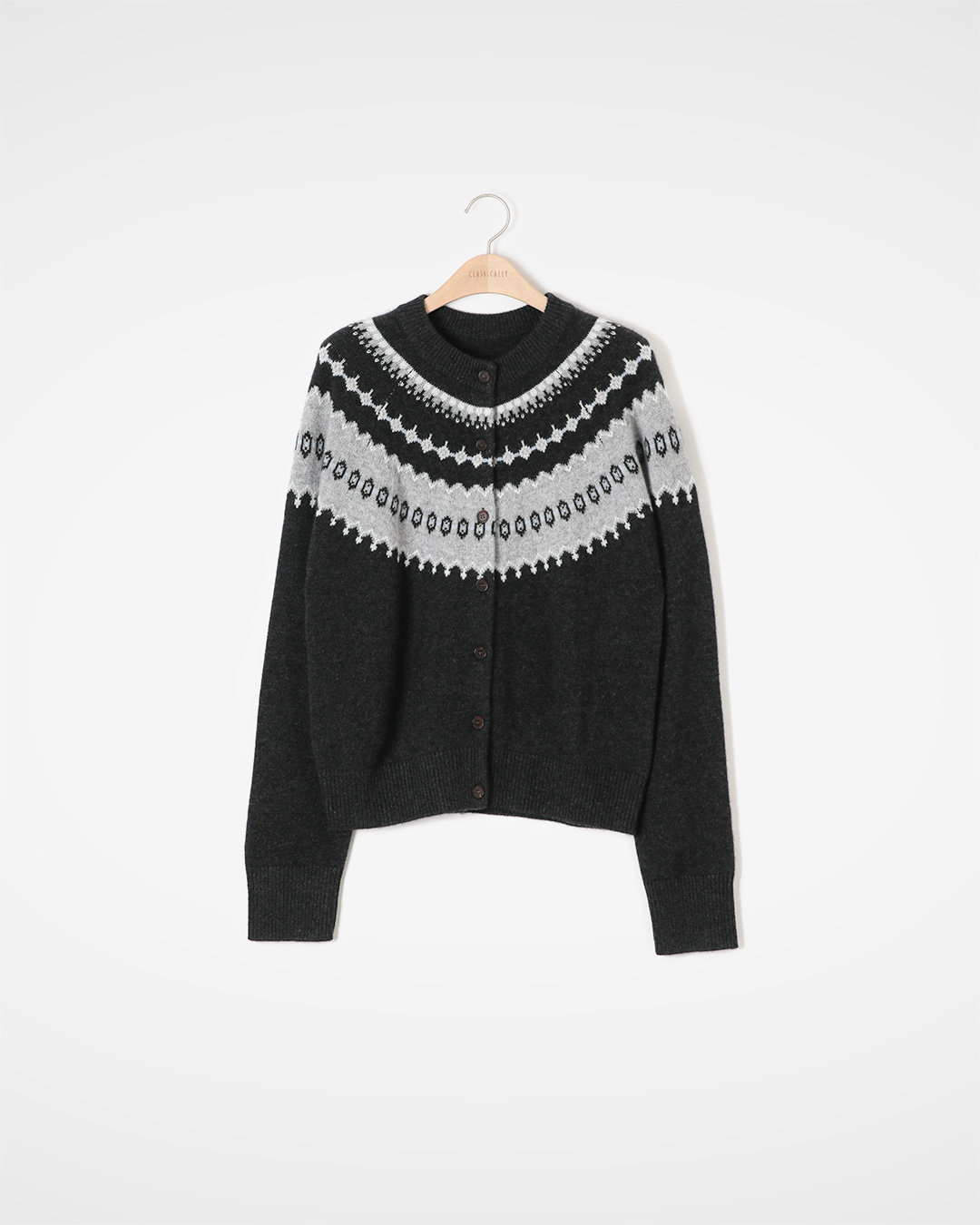 One yoke pattern that wraps around the neckline<br> Pure Cashmere Fair Isle Cardigan