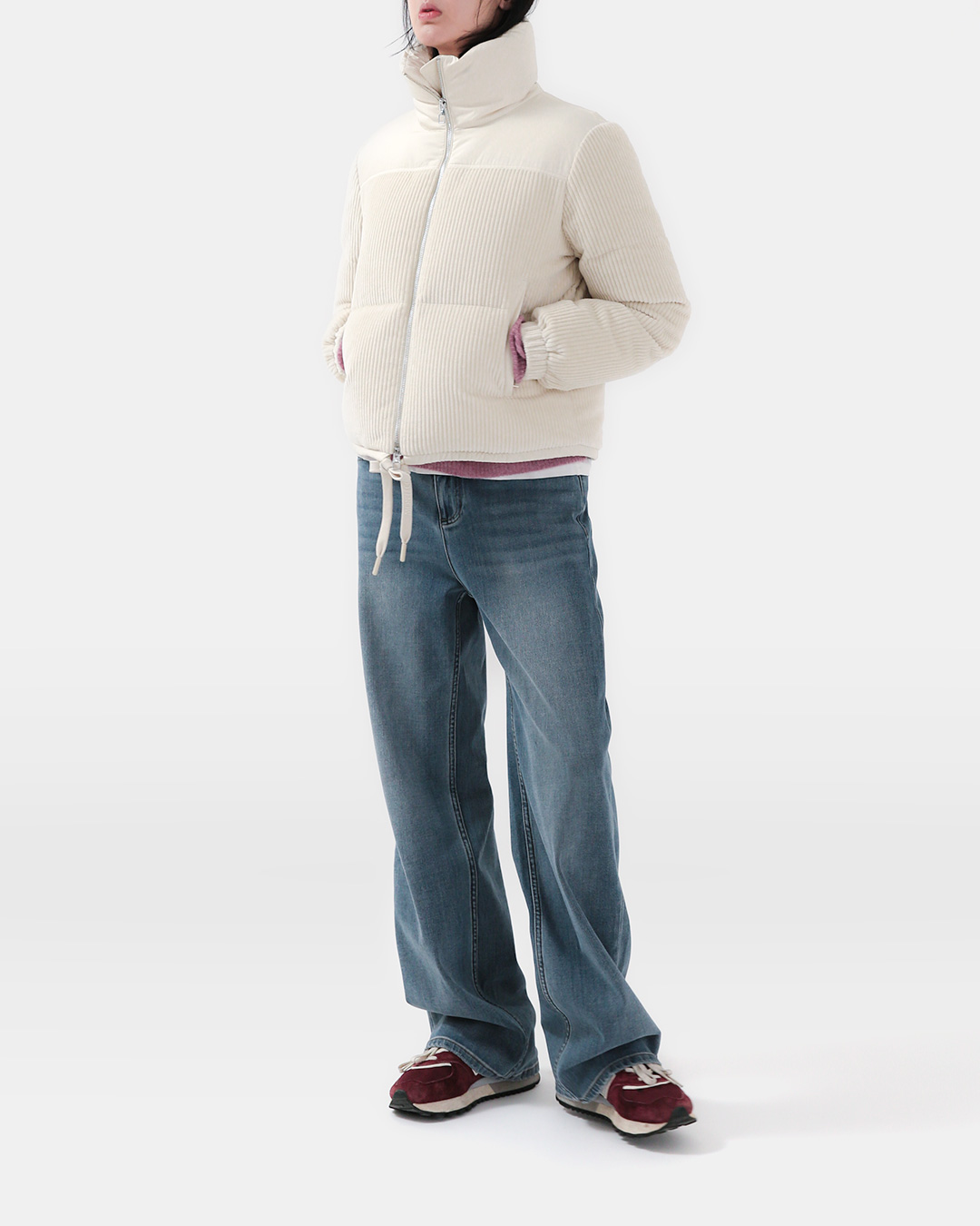 Brighten up with a refreshing ivory tone<br> corduroy mix goose-down puffer