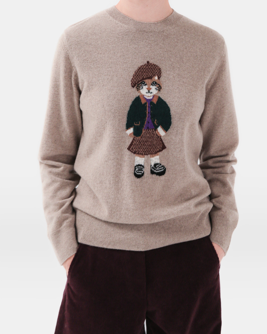 The first thing that comes to mind is a smile in front of Wool.<br> Jacquard Cat Merino Wool Knit