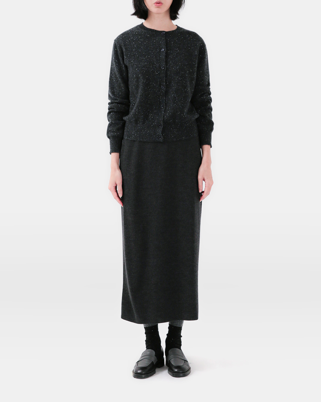 The soft neph speckle texture gives<br> Look's Temperature pure cashmere cardigan