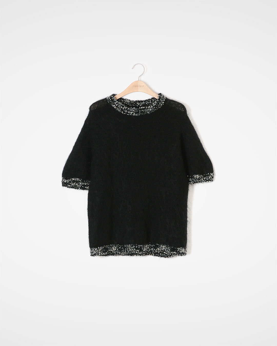 Tweed 포인트의 헤어리 Knit Tower<br> angora blend tweed-trim knit top