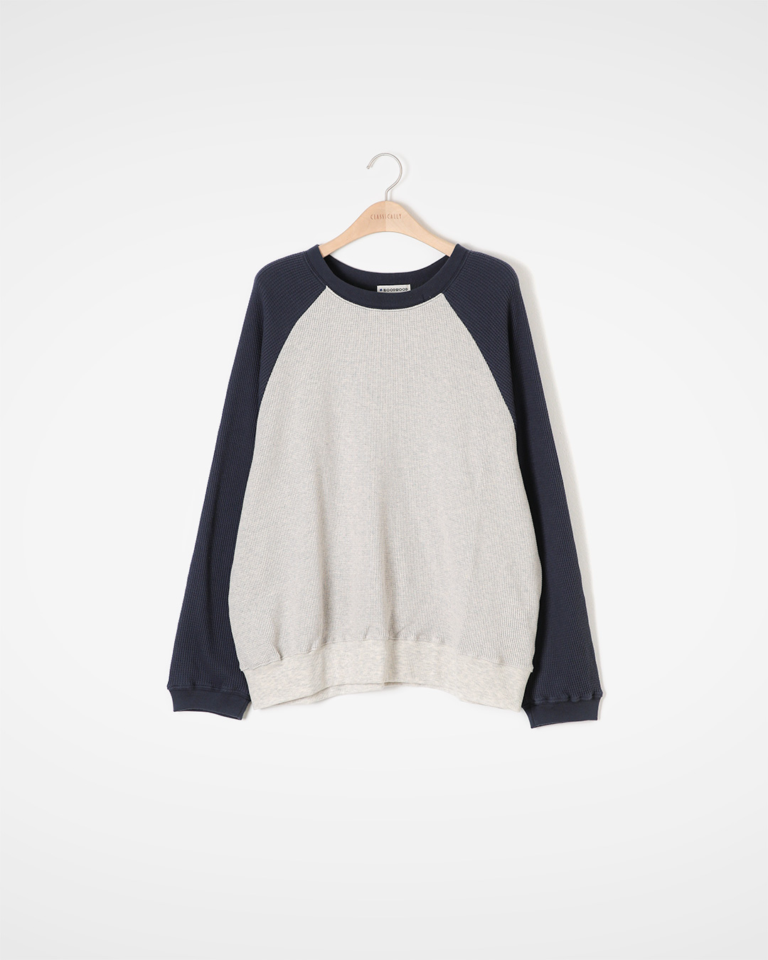 하루를 순하게 감싸는, key point 한 끗<br> waffle raglan crew