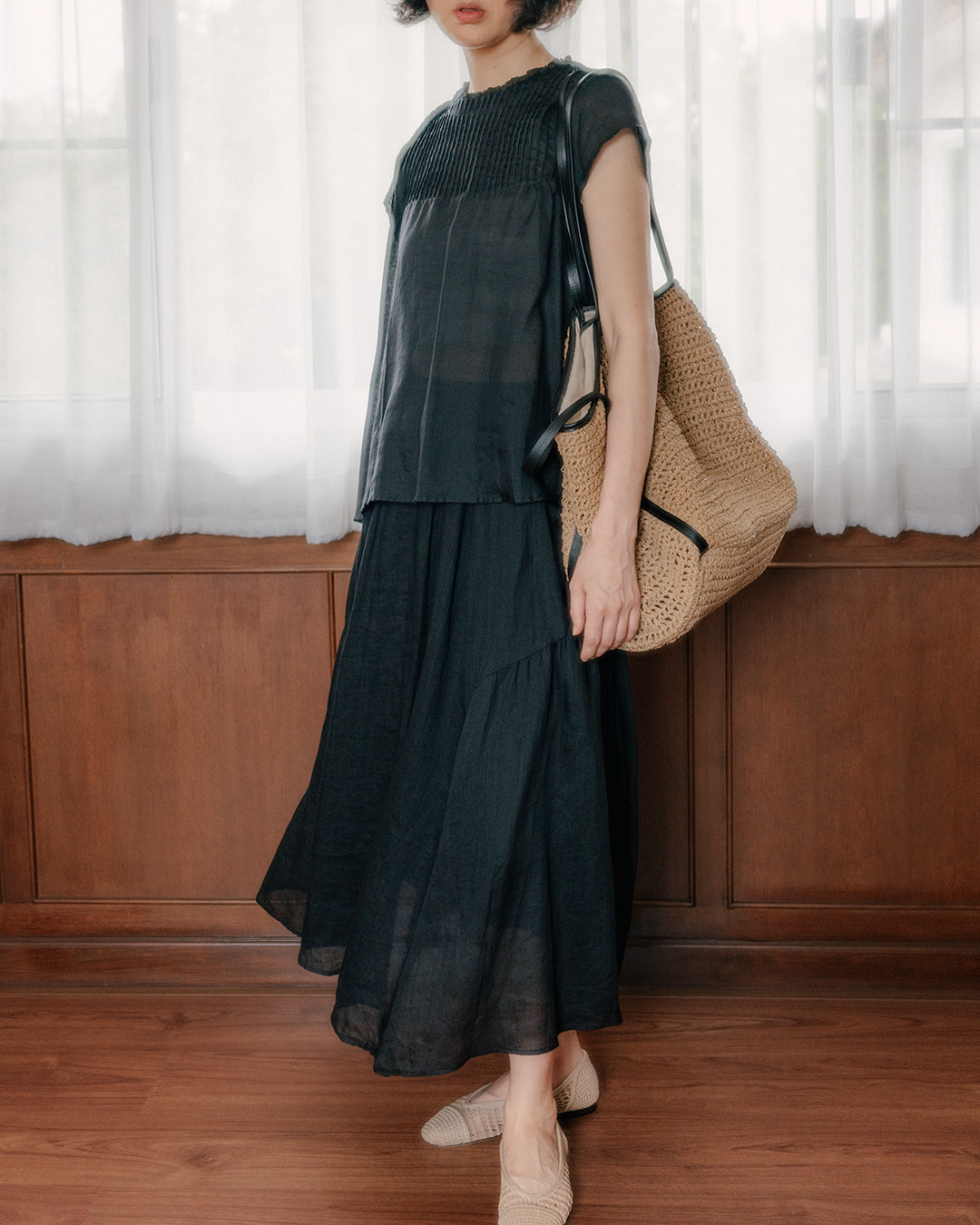 Lightly spreading summer volume<br> linen shirring flare skirt