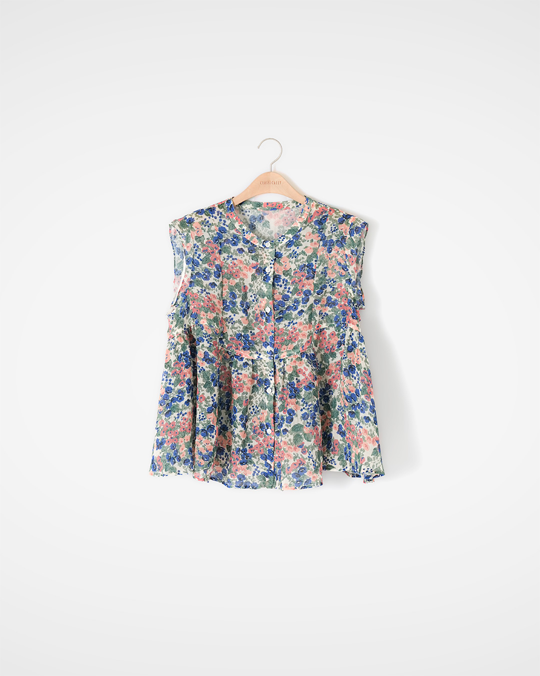 Summer 얼굴을 밝혀주는 Flower 한 Fold<br> Ramie Floral Sleeveless Blouse