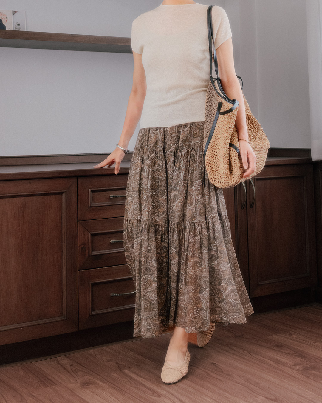 Silk 100% Chiffon<br> Paisley Tiered Maxi Skirt