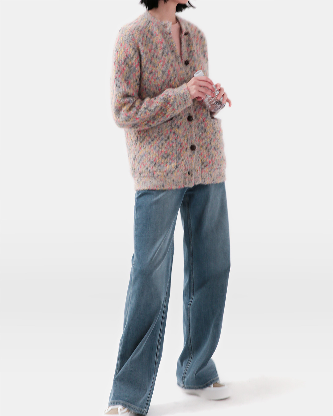 Adding color to warmth<br> cashmere–silk–alpaca boucle cardigan